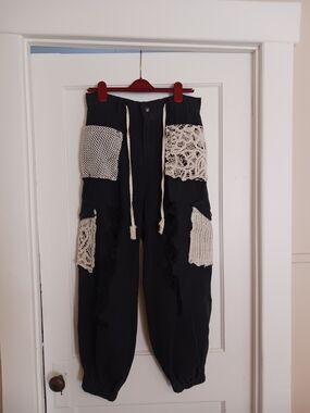 POL Black Pants with Silver Decorative Button and Cream Crochet Trim